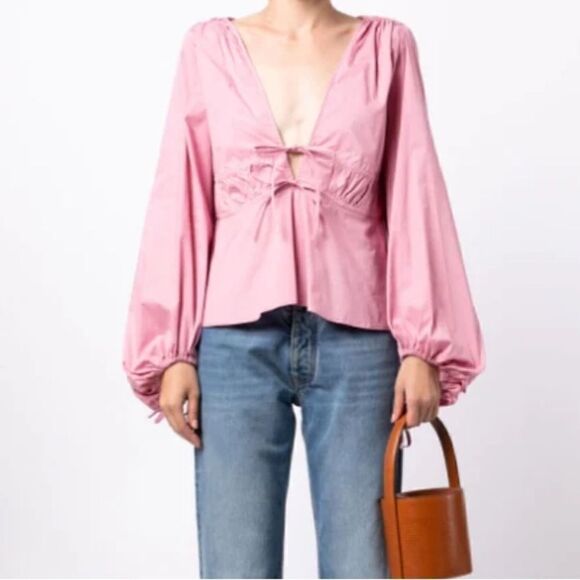 STAUD V-neck gathered long-sleeve blouse NWT size XL $394 - Picture 2 of 10
